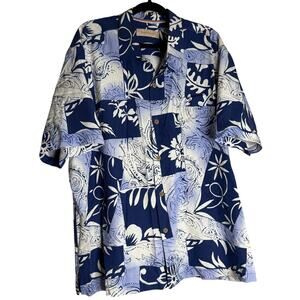 Tommy Bahama Hawaiian Shirt Men XL Blue Silk Button Up Tropical Vacation Cruise